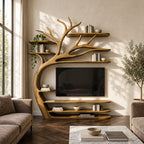 Tree TV Stand Wall Unit with Branch Bookshelves, Solid Wood Media Shelves and Sculpted Trunk
