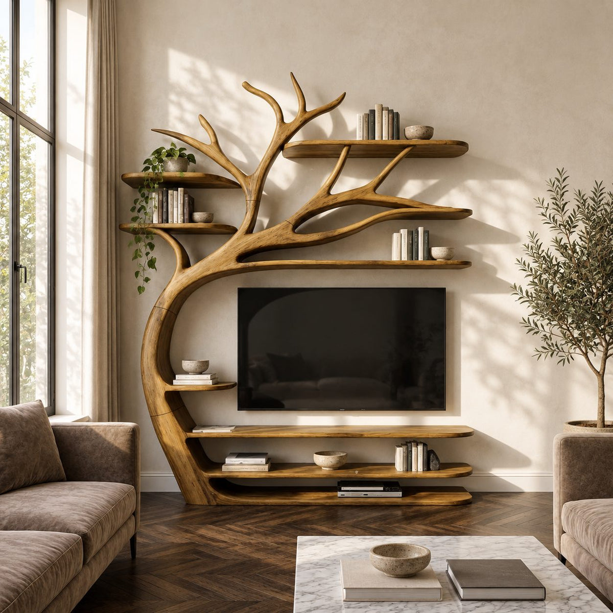 Tree TV Stand Wall Unit with Branch Bookshelves, Solid Wood Media Shelves and Sculpted Trunk