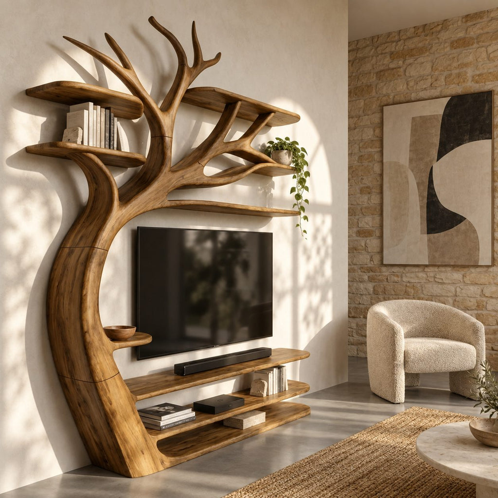 Tree TV Stand Wall Unit with Branch Bookshelves, Solid Wood Media Shelves and Sculpted Trunk