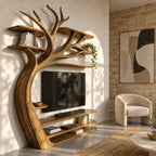 Tree TV Stand Wall Unit with Branch Bookshelves, Solid Wood Media Shelves and Sculpted Trunk