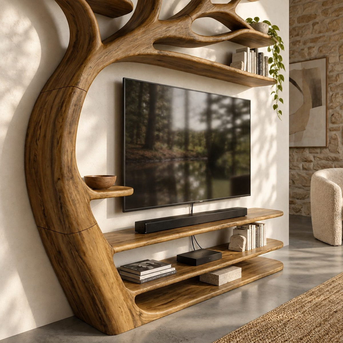 Tree TV Stand Wall Unit with Branch Bookshelves, Solid Wood Media Shelves and Sculpted Trunk