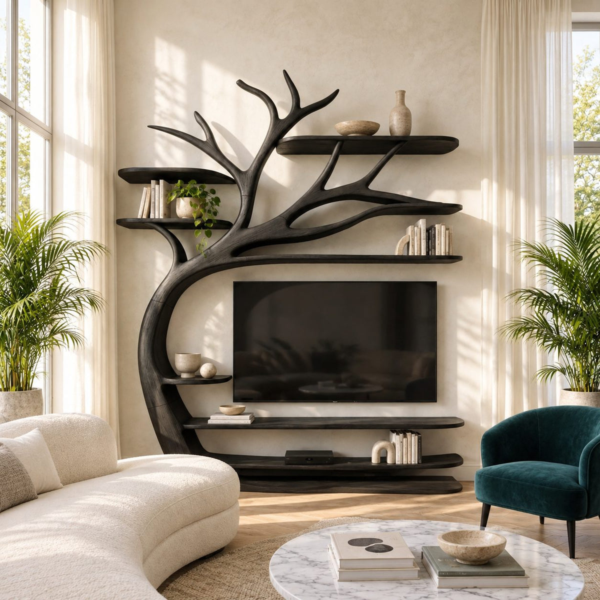 Tree TV Stand Wall Unit with Branch Bookshelves, Solid Wood Media Shelves and Sculpted Trunk