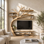 Tree TV Stand Wall Unit with Branch Bookshelves, Solid Wood Media Shelves and Sculpted Trunk