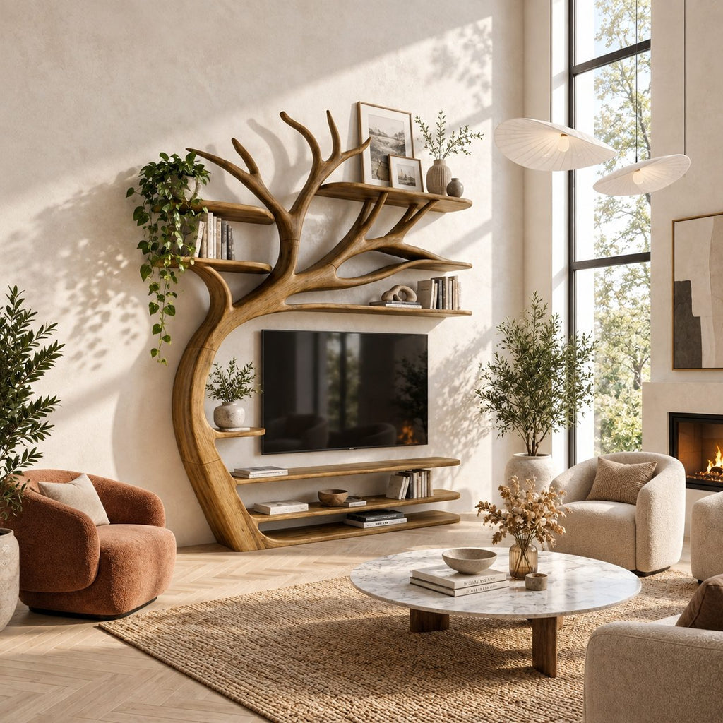 Tree TV Stand Wall Unit with Branch Bookshelves, Solid Wood Media Shelves and Sculpted Trunk