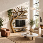 Tree TV Stand Wall Unit with Branch Bookshelves, Solid Wood Media Shelves and Sculpted Trunk