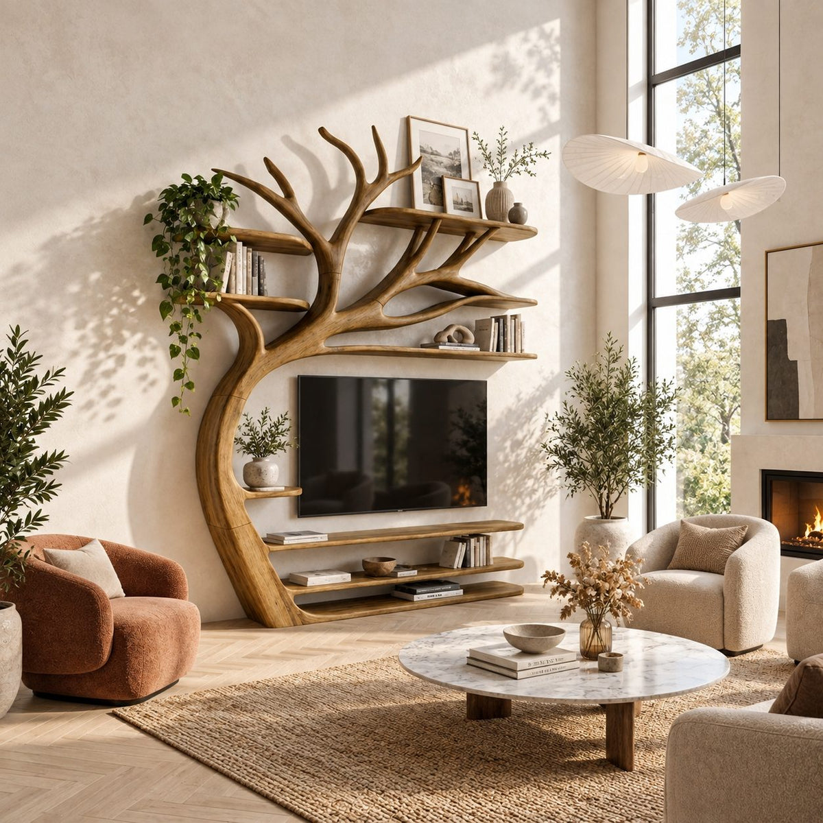 Tree TV Stand Wall Unit with Branch Bookshelves, Solid Wood Media Shelves and Sculpted Trunk