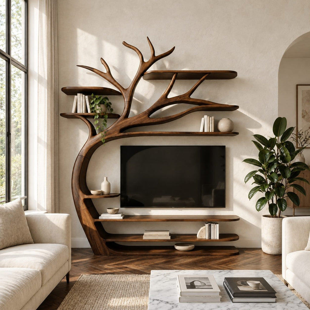 Tree TV Stand Wall Unit with Branch Bookshelves, Solid Wood Media Shelves and Sculpted Trunk