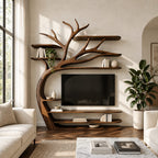 Tree TV Stand Wall Unit with Branch Bookshelves, Solid Wood Media Shelves and Sculpted Trunk