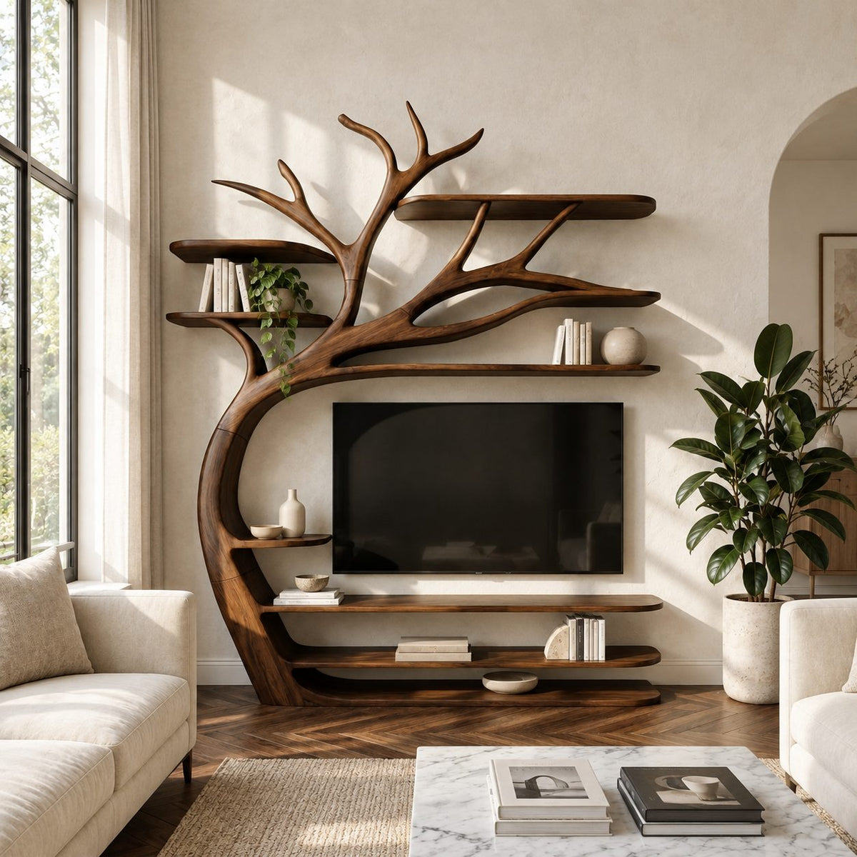 Tree TV Stand Wall Unit with Branch Bookshelves, Solid Wood Media Shelves and Sculpted Trunk
