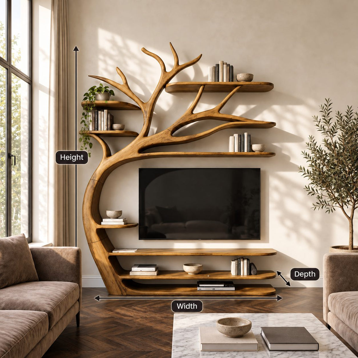 Tree TV Stand Wall Unit with Branch Bookshelves, Solid Wood Media Shelves and Sculpted Trunk
