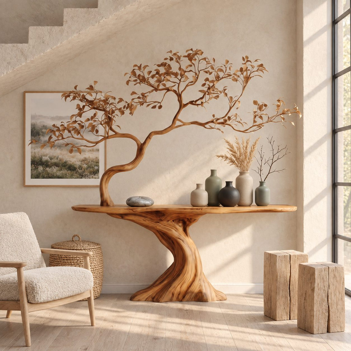 Tree Trunk Console Table with Sculpted Branching Tree, Live Edge Solid Wood Entryway Table