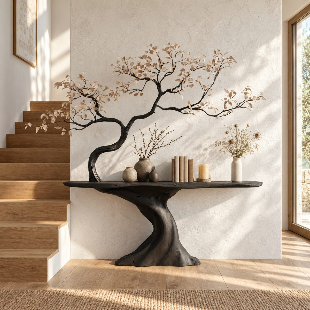 Tree Trunk Console Table with Sculpted Branching Tree, Live Edge Solid Wood Entryway Table