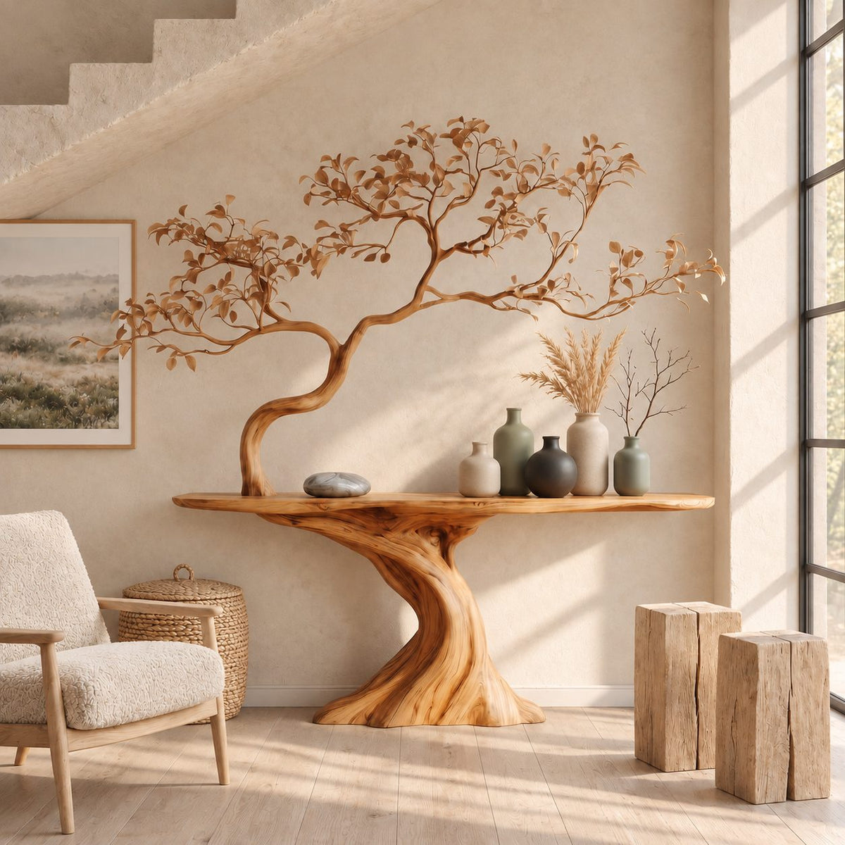 Tree Trunk Console Table with Sculpted Branching Tree, Live Edge Solid Wood Entryway Table