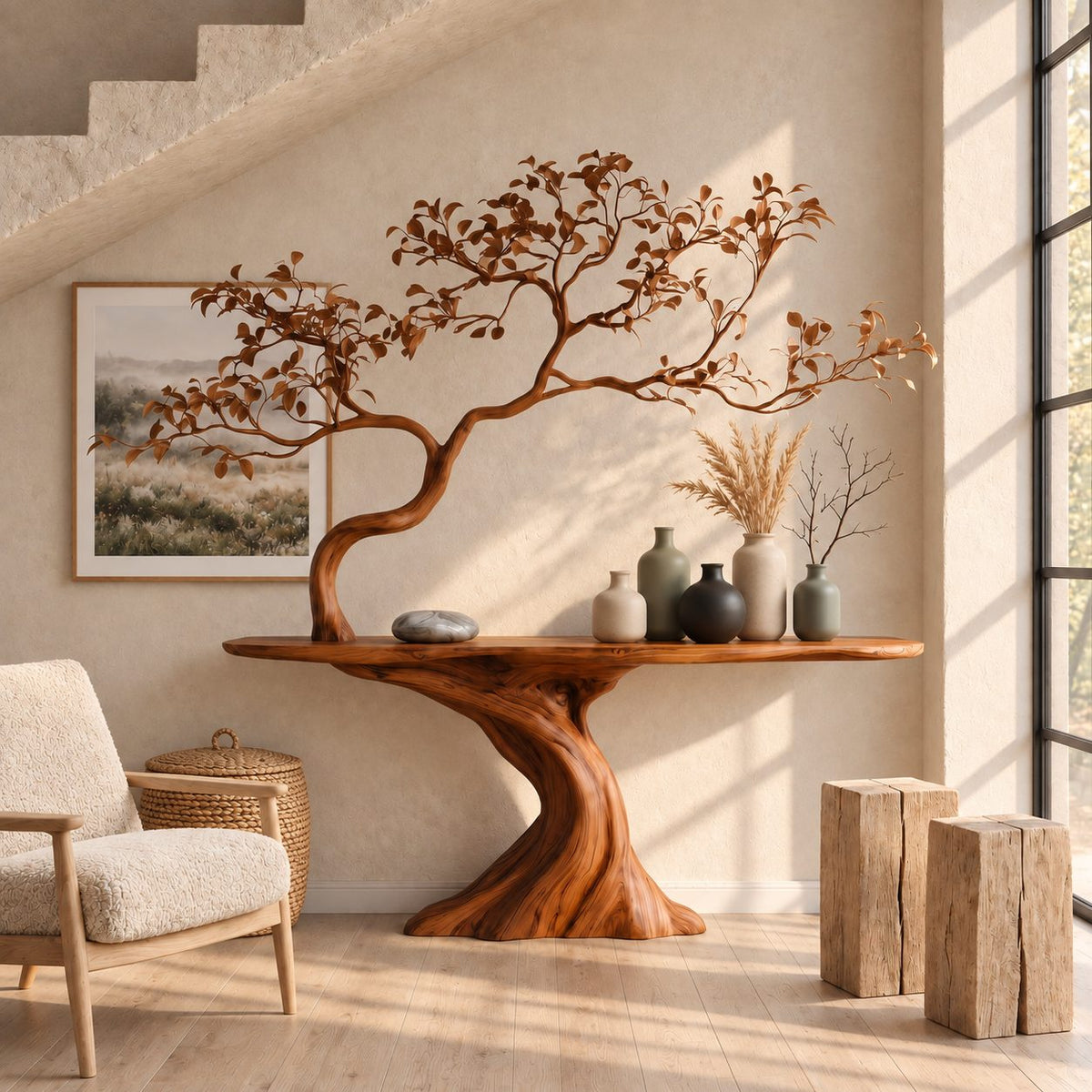 Tree Trunk Console Table with Sculpted Branching Tree, Live Edge Solid Wood Entryway Table