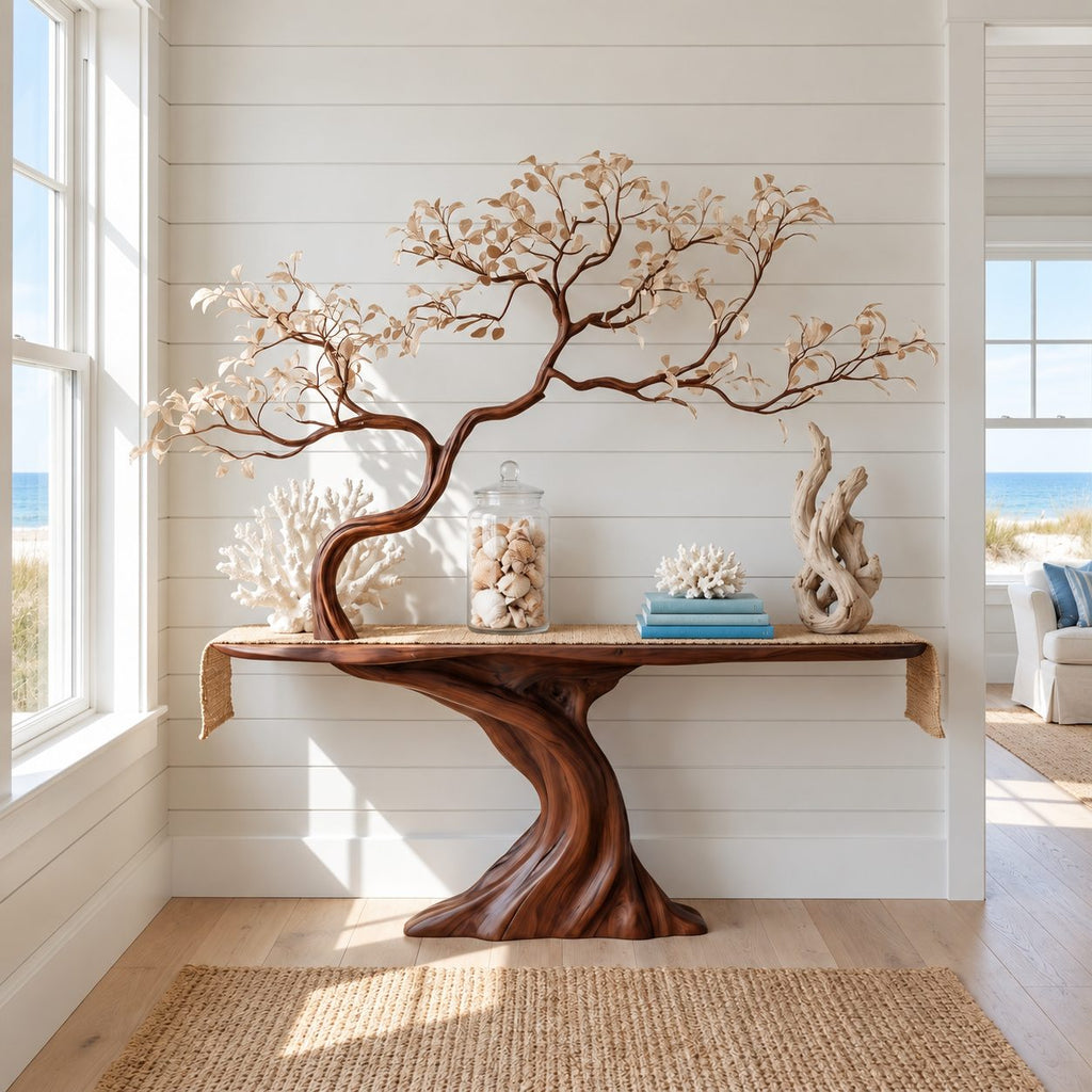 Tree Trunk Console Table with Sculpted Branching Tree, Live Edge Solid Wood Entryway Table
