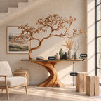 Tree Trunk Console Table with Sculpted Branching Tree, Live Edge Solid Wood Entryway Table
