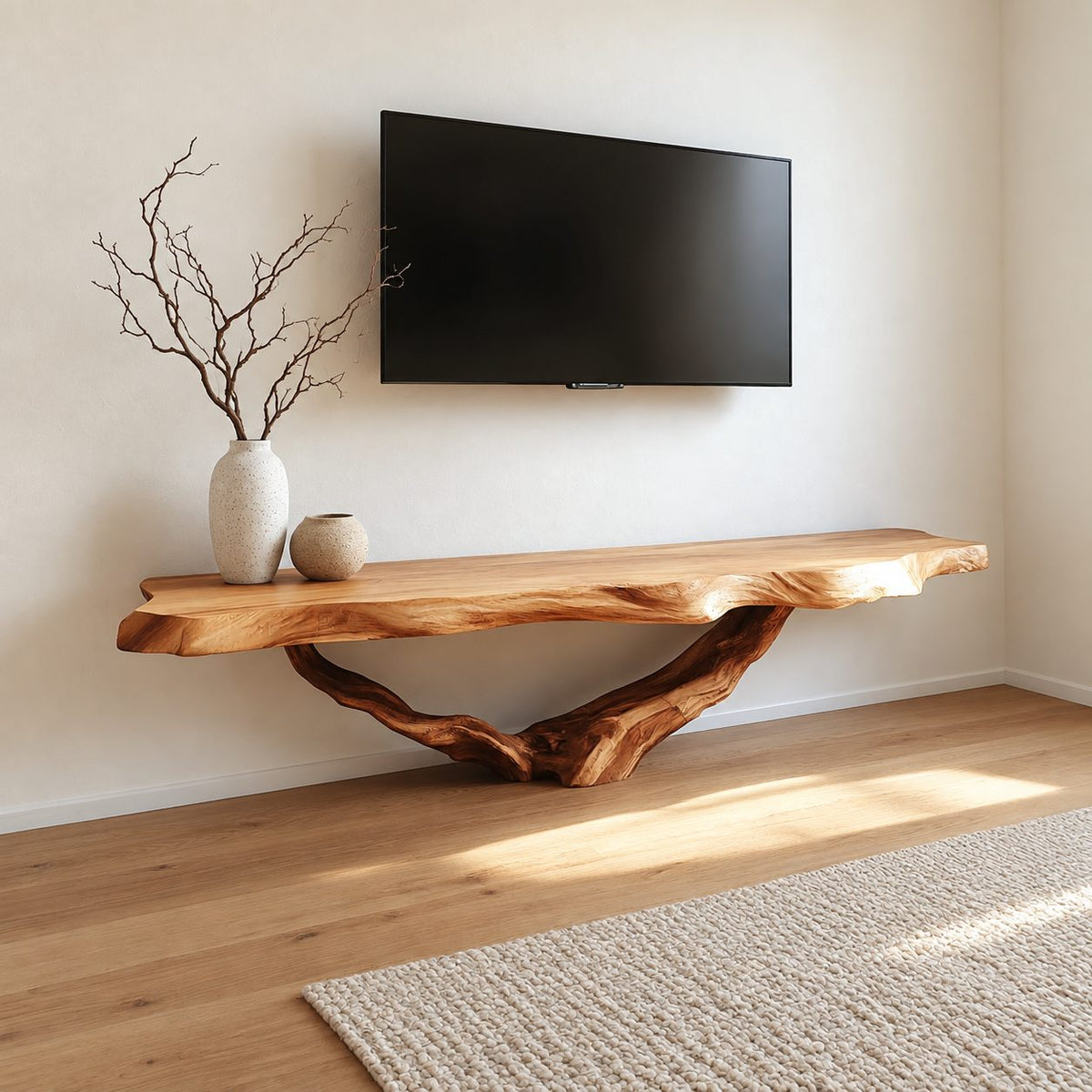Live Edge TV Console Table on Driftwood Root Base, Solid Wood Slab Media Table for Living Room