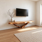 Live Edge TV Console Table on Driftwood Root Base, Solid Wood Slab Media Table for Living Room