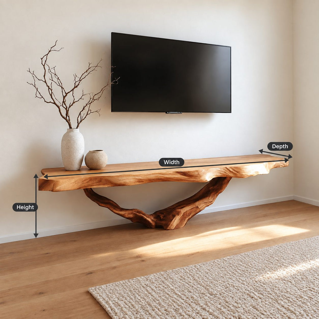 Live Edge TV Console Table on Driftwood Root Base, Solid Wood Slab Media Table for Living Room