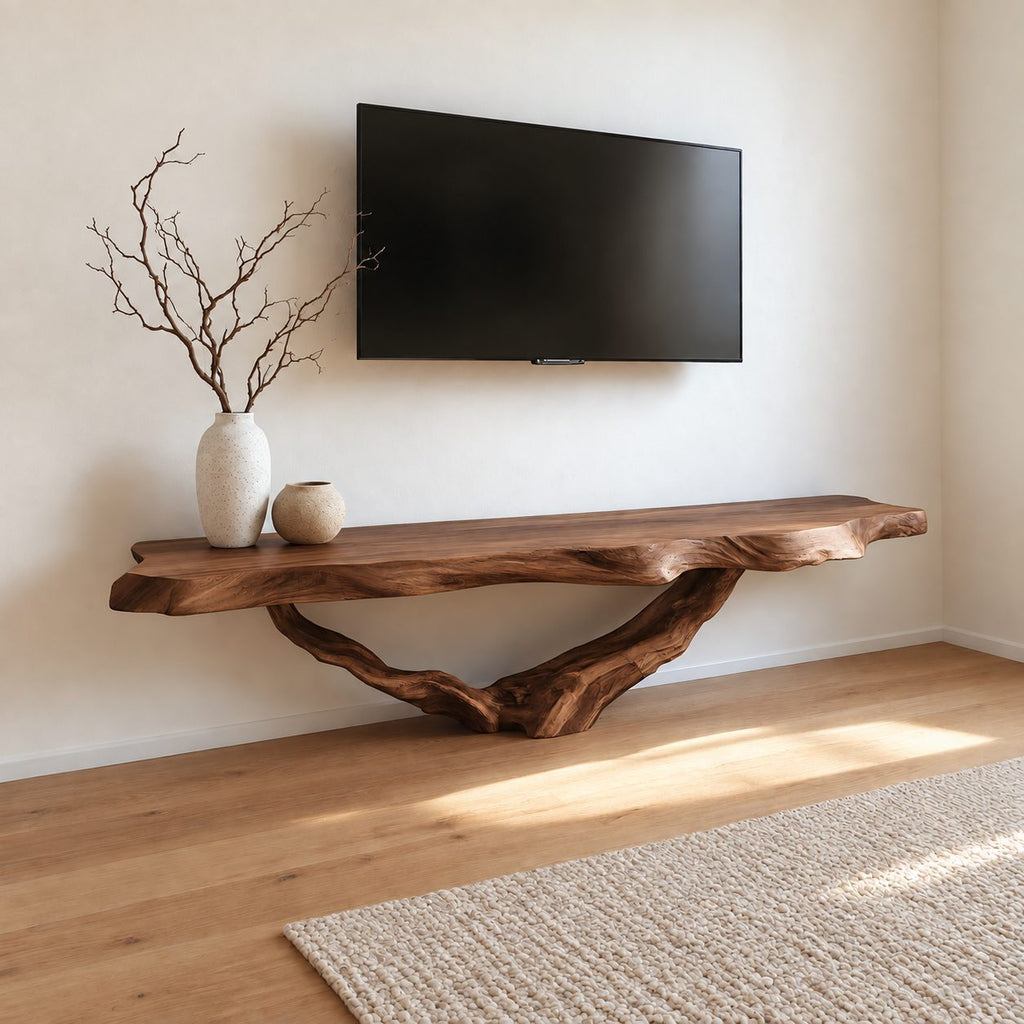 Live Edge TV Console Table on Driftwood Root Base, Solid Wood Slab Media Table for Living Room