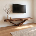 Live Edge TV Console Table on Driftwood Root Base, Solid Wood Slab Media Table for Living Room