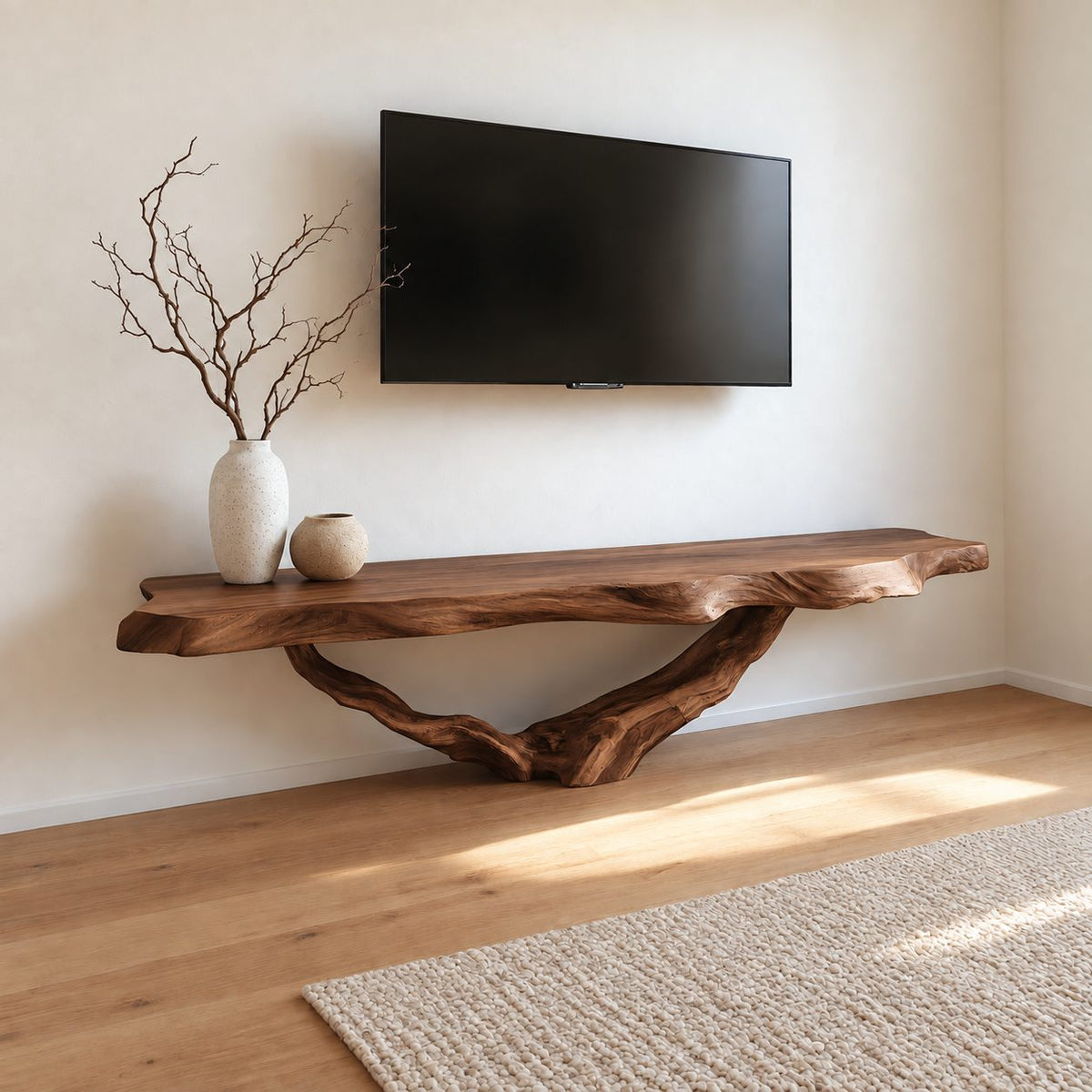Live Edge TV Console Table on Driftwood Root Base, Solid Wood Slab Media Table for Living Room