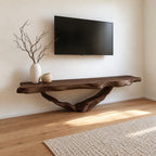 Live Edge TV Console Table on Driftwood Root Base, Solid Wood Slab Media Table for Living Room