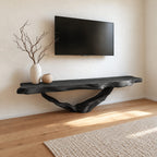 Live Edge TV Console Table on Driftwood Root Base, Solid Wood Slab Media Table for Living Room
