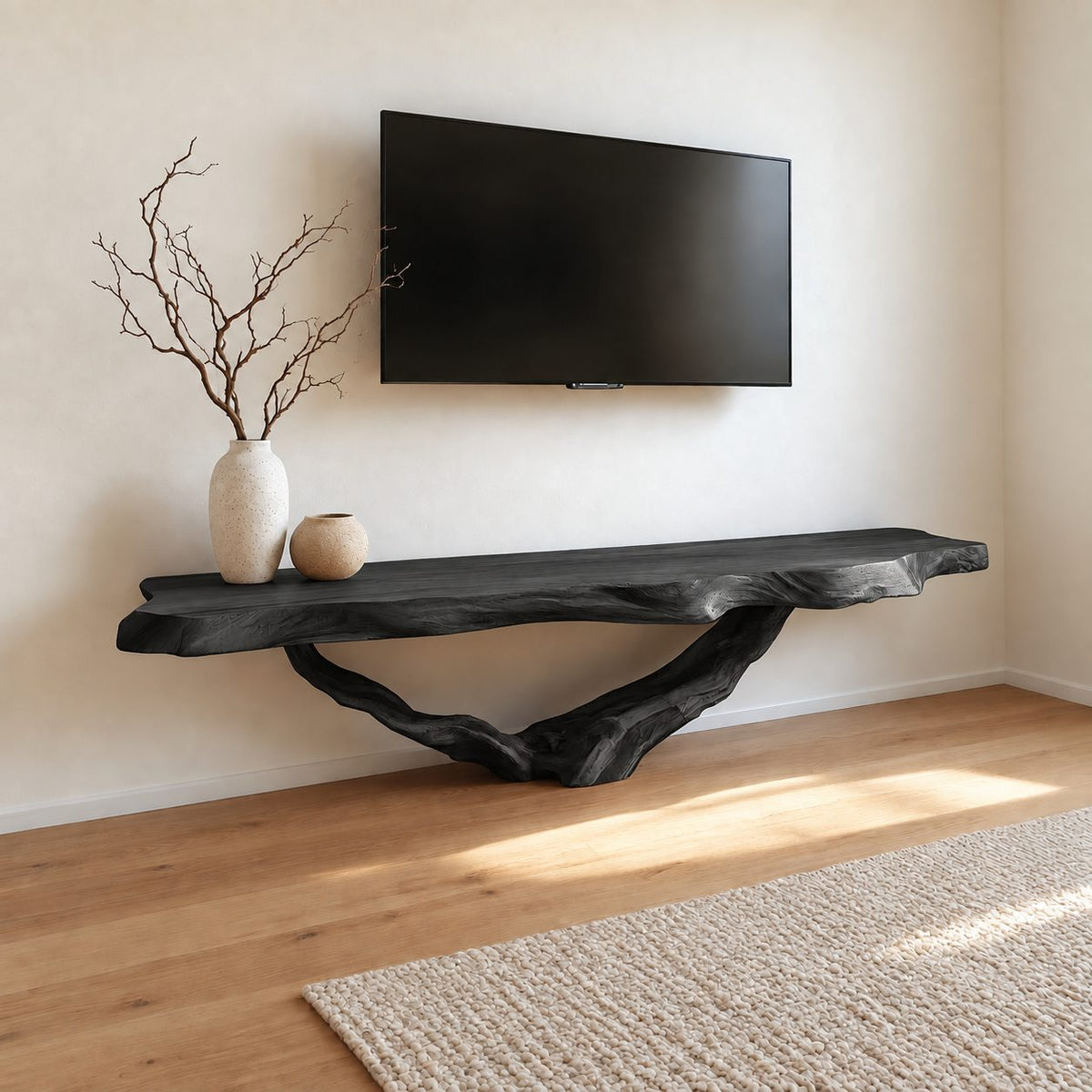 Live Edge TV Console Table on Driftwood Root Base, Solid Wood Slab Media Table for Living Room