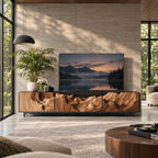 Carved TV Cabinet with Deep Canyon Wave Relief Doors, Solid Wood Low Media Console for Living Room