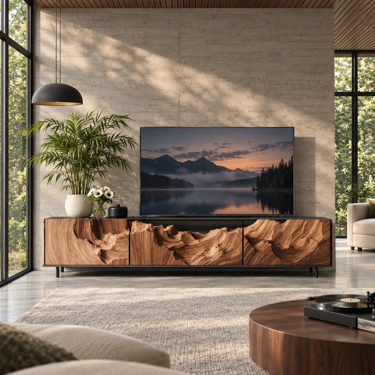 Carved TV Cabinet with Deep Canyon Wave Relief Doors, Solid Wood Low Media Console for Living Room