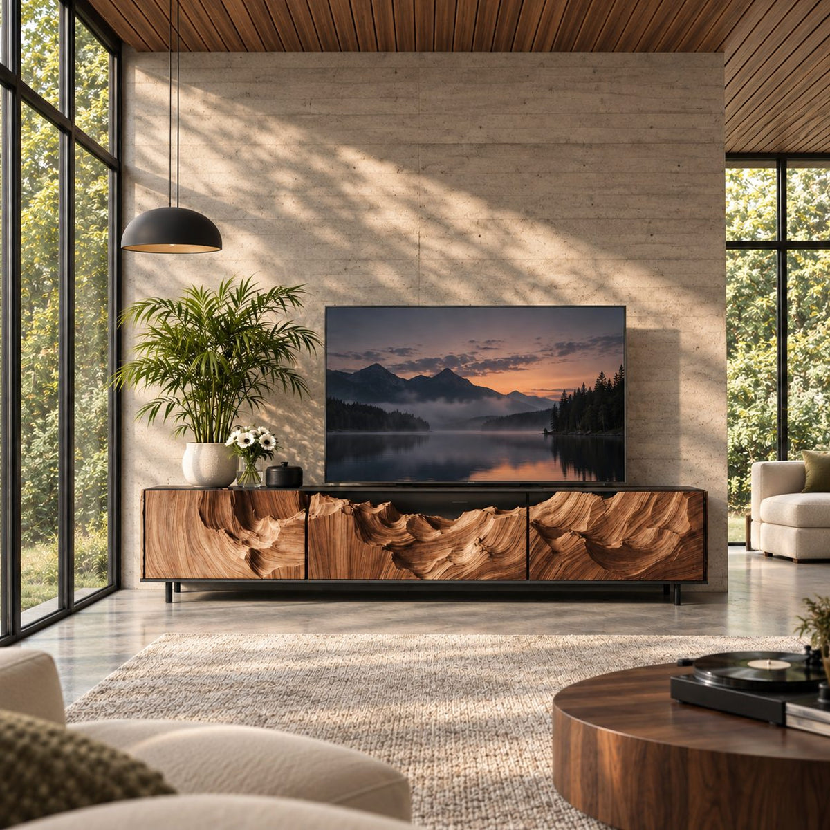 Carved TV Cabinet with Deep Canyon Wave Relief Doors, Solid Wood Low Media Console for Living Room