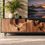 Carved TV Cabinet with Deep Canyon Wave Relief Doors, Solid Wood Low Media Console for Living Room
