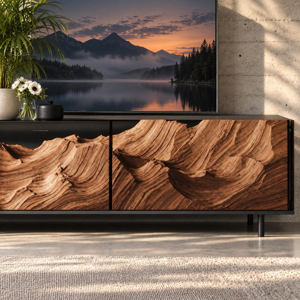 Carved TV Cabinet with Deep Canyon Wave Relief Doors, Solid Wood Low Media Console for Living Room
