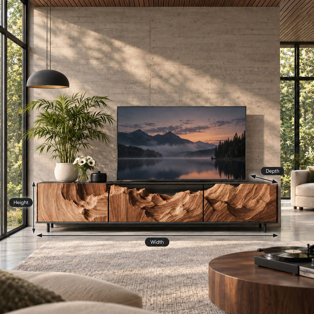 Carved TV Cabinet with Deep Canyon Wave Relief Doors, Solid Wood Low Media Console for Living Room