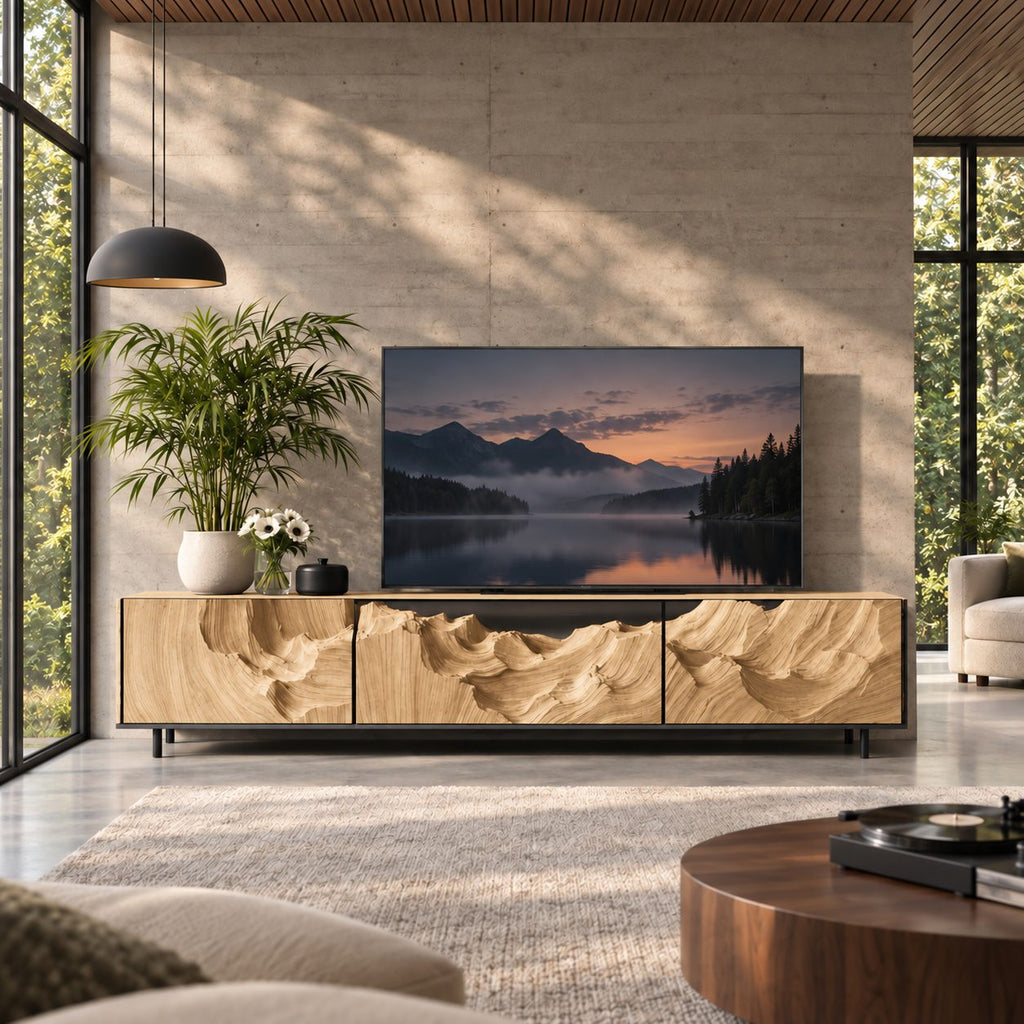 Carved TV Cabinet with Deep Canyon Wave Relief Doors, Solid Wood Low Media Console for Living Room