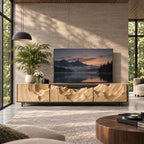 Carved TV Cabinet with Deep Canyon Wave Relief Doors, Solid Wood Low Media Console for Living Room