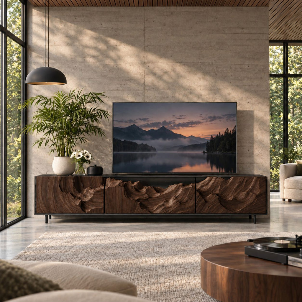 Carved TV Cabinet with Deep Canyon Wave Relief Doors, Solid Wood Low Media Console for Living Room