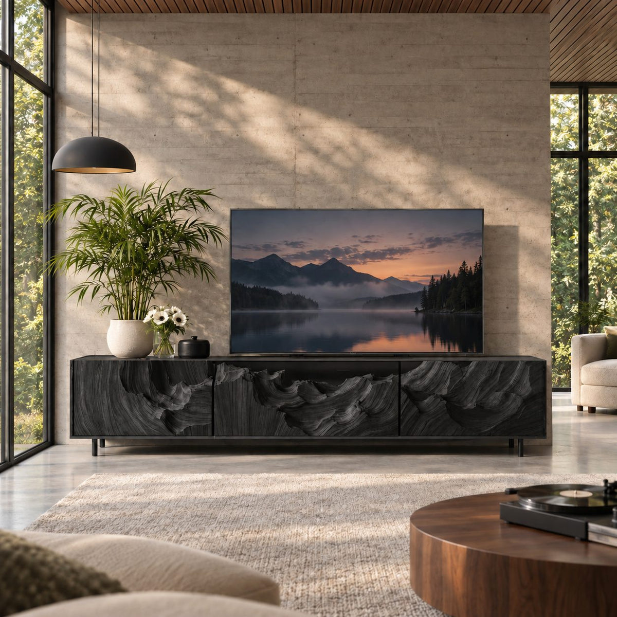 Carved TV Cabinet with Deep Canyon Wave Relief Doors, Solid Wood Low Media Console for Living Room