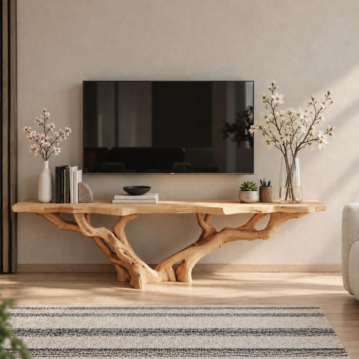 Live Edge TV Stand with Tree Root Base, Solid Wood Media Console with Sculpted Branching Legs