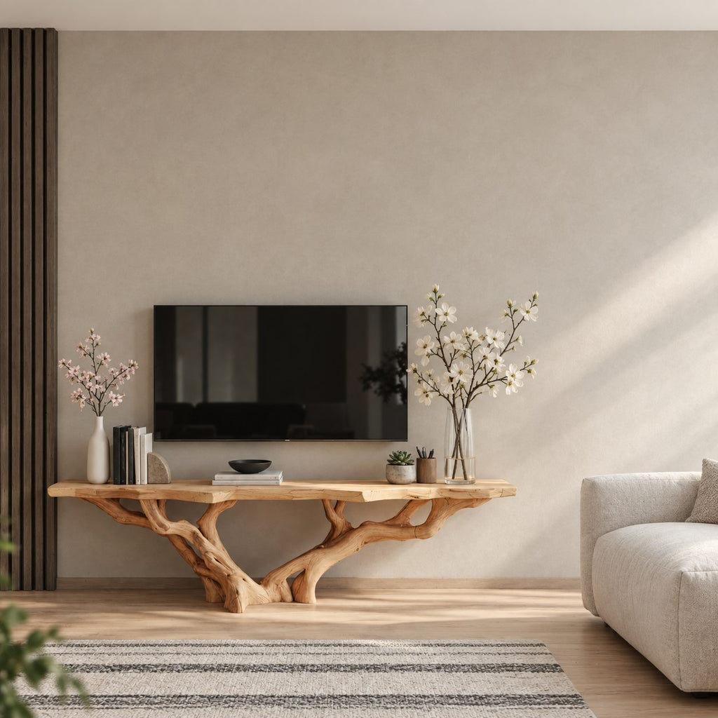 Live Edge TV Stand with Tree Root Base, Solid Wood Media Console with Sculpted Branching Legs