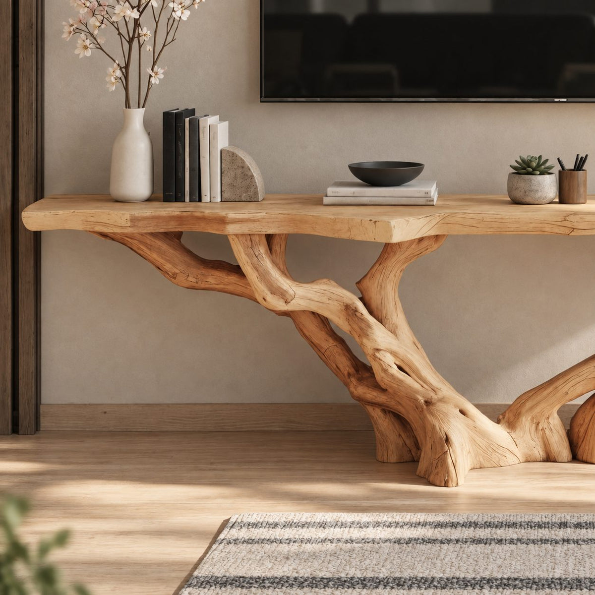 Live Edge TV Stand with Tree Root Base, Solid Wood Media Console with Sculpted Branching Legs