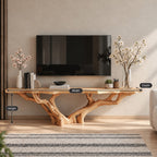 Live Edge TV Stand with Tree Root Base, Solid Wood Media Console with Sculpted Branching Legs