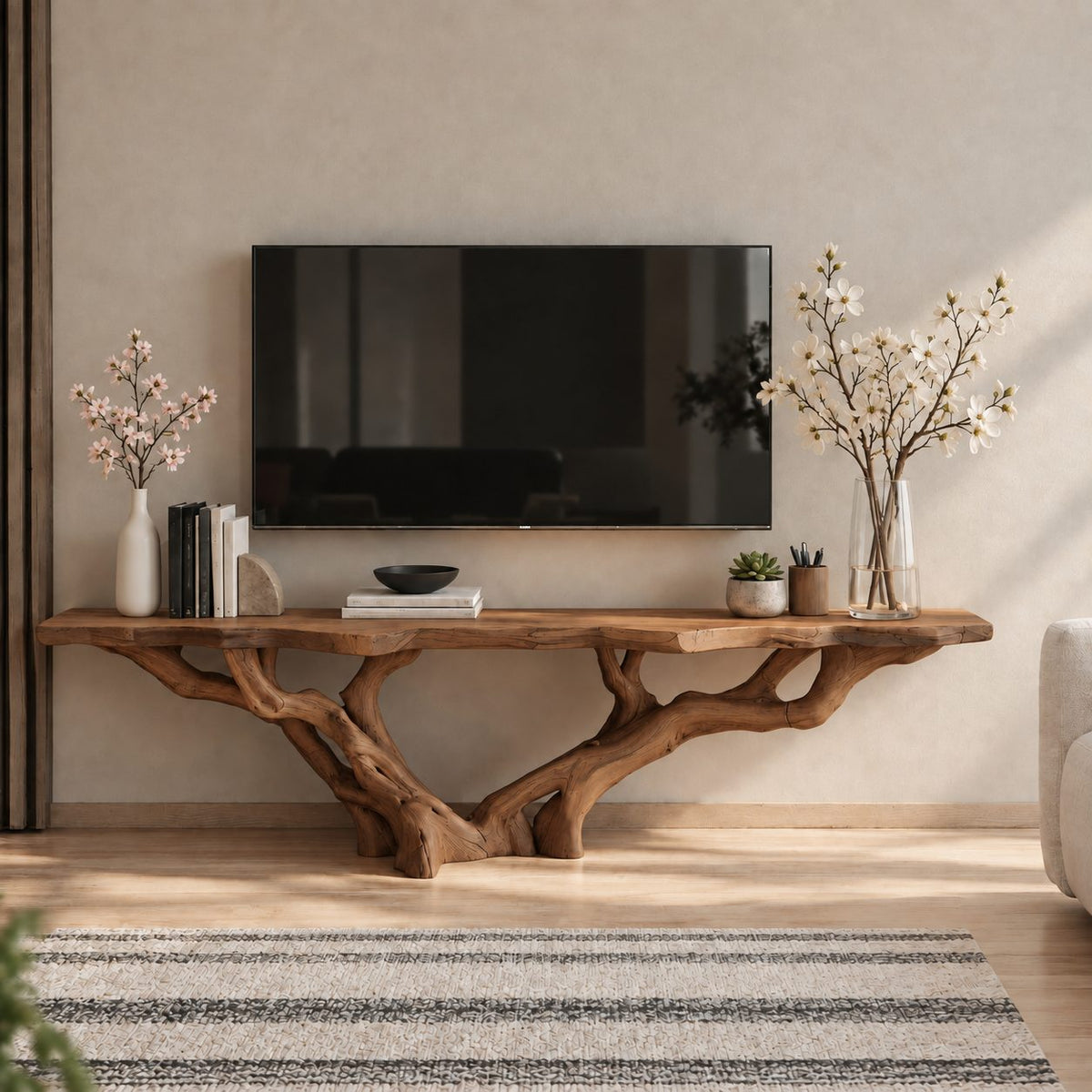Live Edge TV Stand with Tree Root Base, Solid Wood Media Console with Sculpted Branching Legs