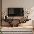 Live Edge TV Stand with Tree Root Base, Solid Wood Media Console with Sculpted Branching Legs