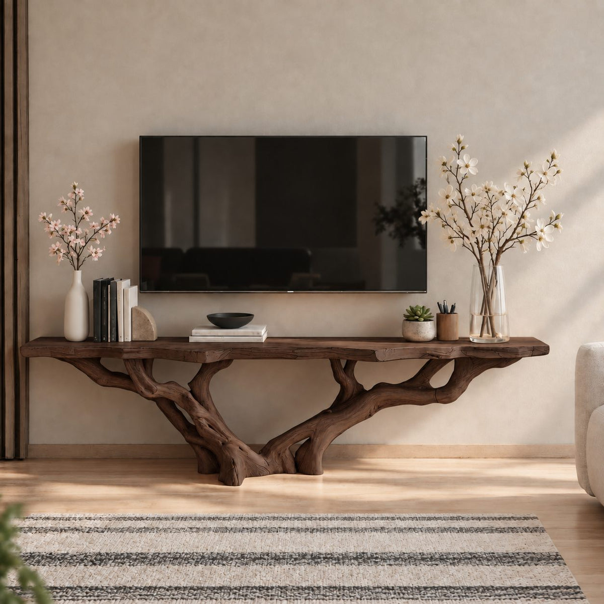 Live Edge TV Stand with Tree Root Base, Solid Wood Media Console with Sculpted Branching Legs