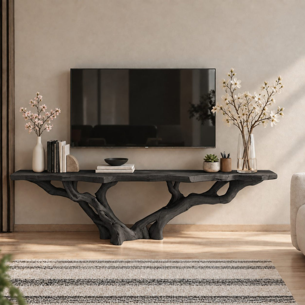 Live Edge TV Stand with Tree Root Base, Solid Wood Media Console with Sculpted Branching Legs