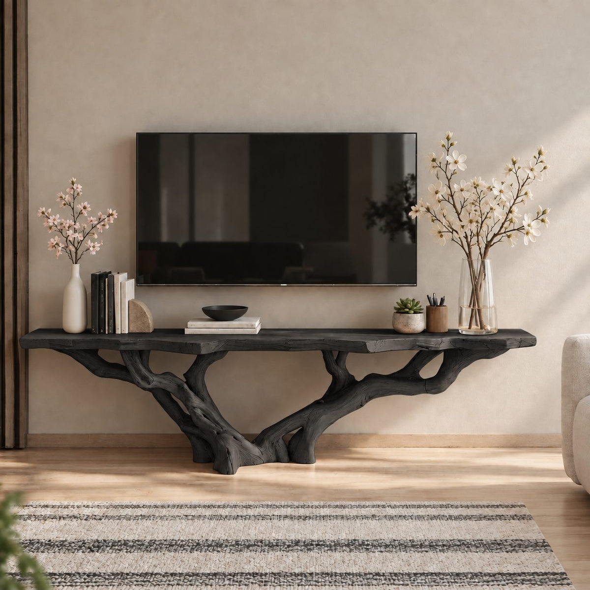 Live Edge TV Stand with Tree Root Base, Solid Wood Media Console with Sculpted Branching Legs