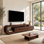 Curved Loop TV Console with Drawers, Solid Wood Sculpted Media Cabinet with Open End Shelf