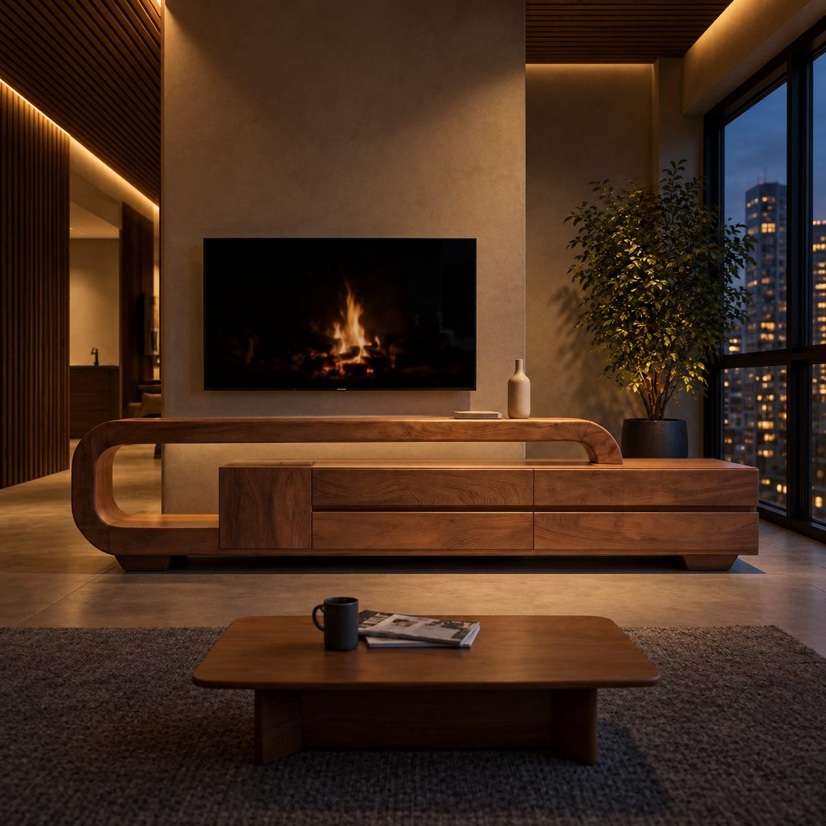 Curved Loop TV Console with Drawers, Solid Wood Sculpted Media Cabinet with Open End Shelf